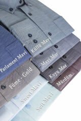 Varetta Erkek Diplomat Mavi Düz Uzun Kollu Pamuklu Keten Efektli Yaka Düğmeli Gömlek