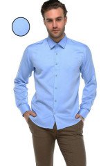Erkek Mavi Düz Slim Fit Uzun Kollu Gömlek