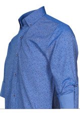 Erkek Slim Fit Mavi Desenli Koldan Katlamalı Uzun Kollu Gömlek
