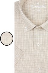Erkek Krem Rengi Kısa Kollu Klasik Kesim Yaka Düğmeli Tek Cepli Gömlek