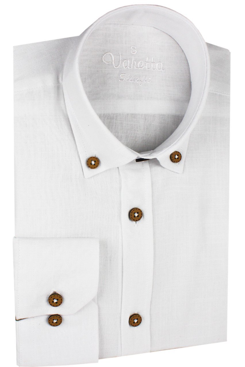 Varetta Erkek Beyaz Keten Slim Fit Uzun Kollu Yaka Düğmeli Gömlek