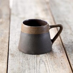 Anatolian Stone Seramik Mug Fincan/Antrasit Zemin+Naturel Bej Şerit