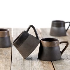 Anatolian Stone Seramik Mug Fincan/Antrasit Zemin+Naturel Bej Şerit