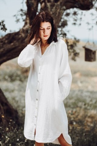 Müslin Gömlek Elbise/Beyaz