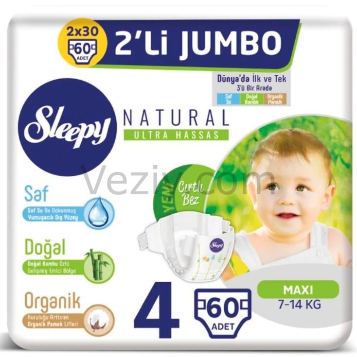 Sleepy Natural Bebek Bezi 4 Numara Maxi 2'li Jumbo 60 Adet