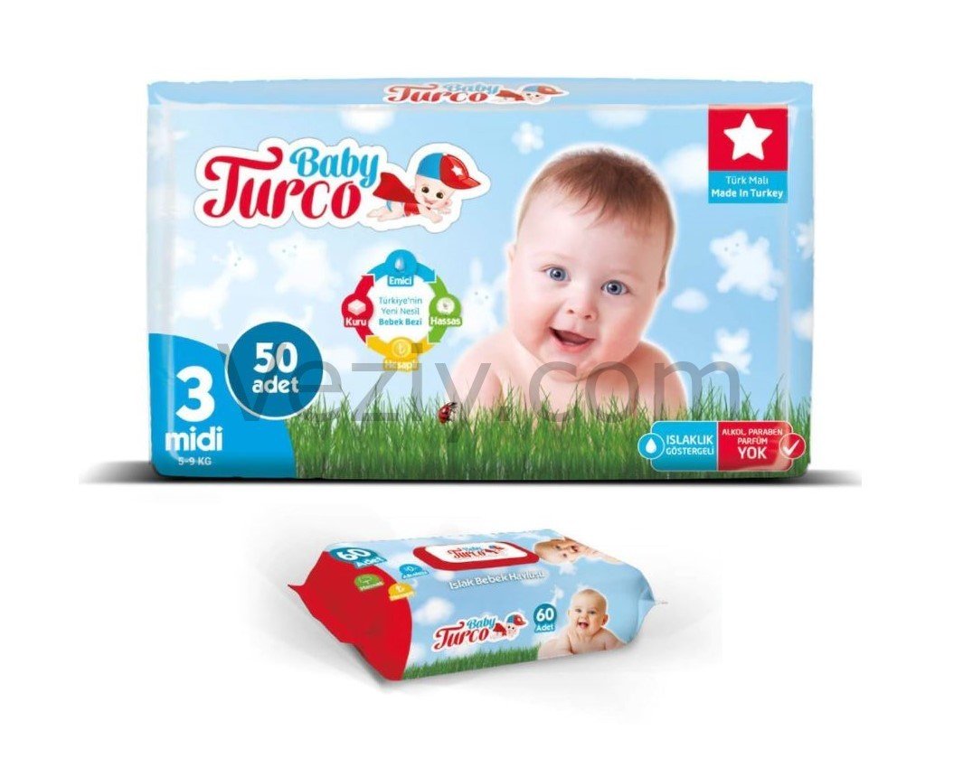 Baby Turco Bebek Bezi 5-9 KG 3 Beden 50 Adet + Islak Havlu 60'lı