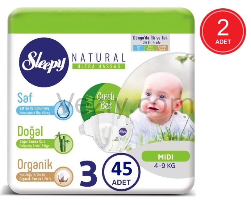 Sleepy Natural Bebek Bezi 3 Numara Midi 2 x 45 Adet