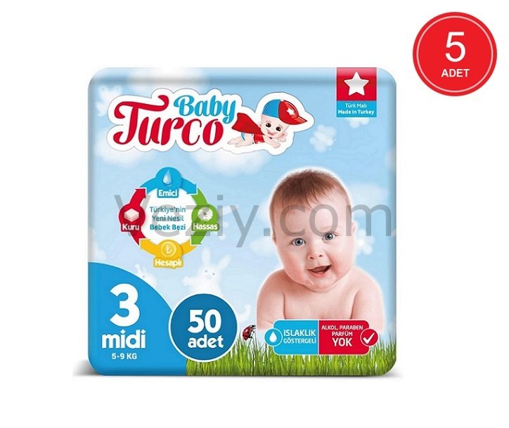 Baby Turco Bebek Bezi 5-9 KG 3 Beden 5 x 50 Adet