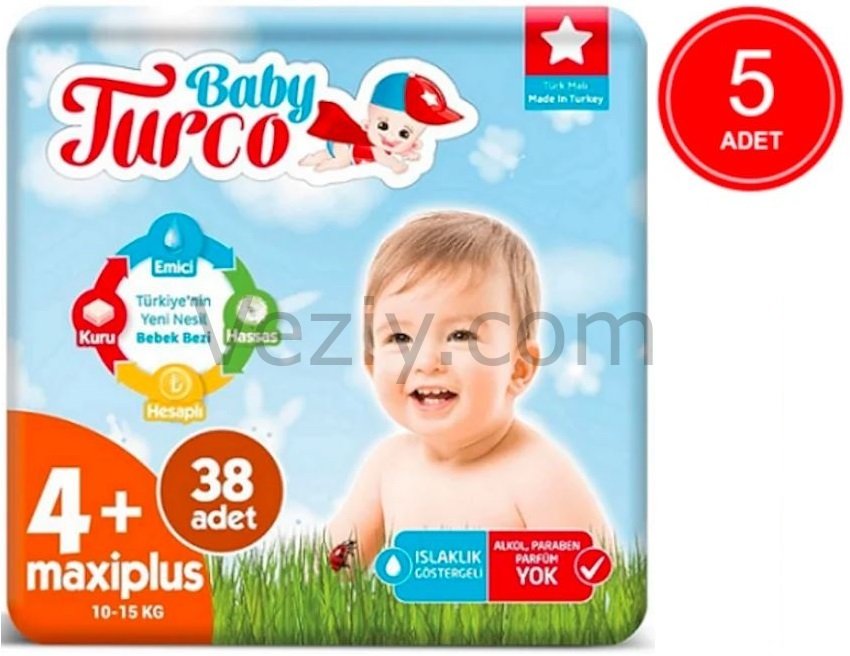 Baby Turco Bebek Bezi 10-15 KG 4+ Beden 5 x 38 Adet