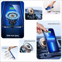 Usams US-CD164 15W 3in1 Ultra-Slim Ev ve Araç için iPhone Magsafe Şarj ve Araç içi Telefon Tutucu