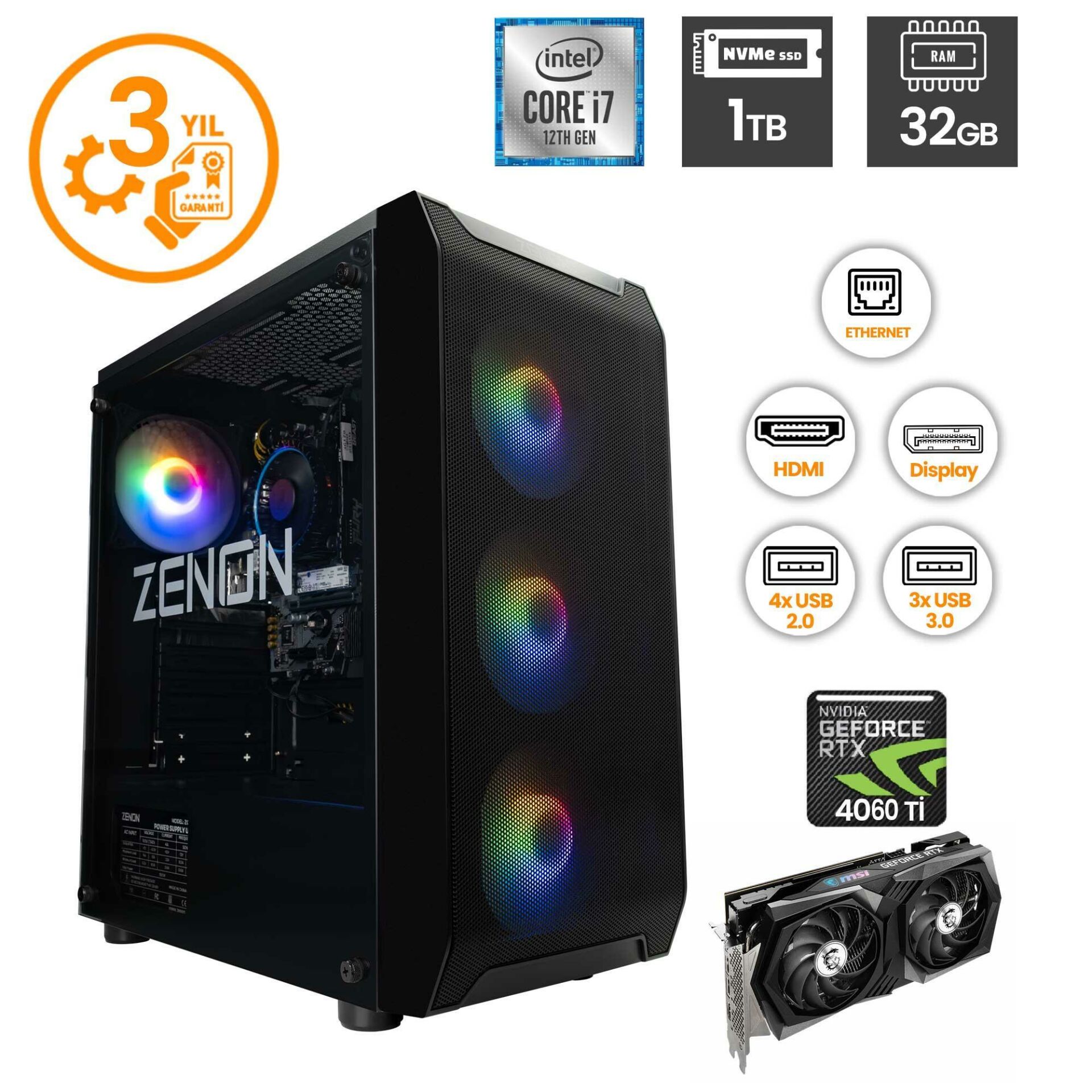 ZENON RAKS TR108 i7-12700F 32GB 1TBSSD RTX4060Ti-16GB FreeDOS Gaming Masaüstü Bilgisayar