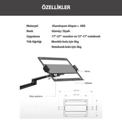 NPO STD7090S 10''-27'' Notebook Stand ve Amortisörsüz Vesa Monitör Tutucu Kol Gümüş