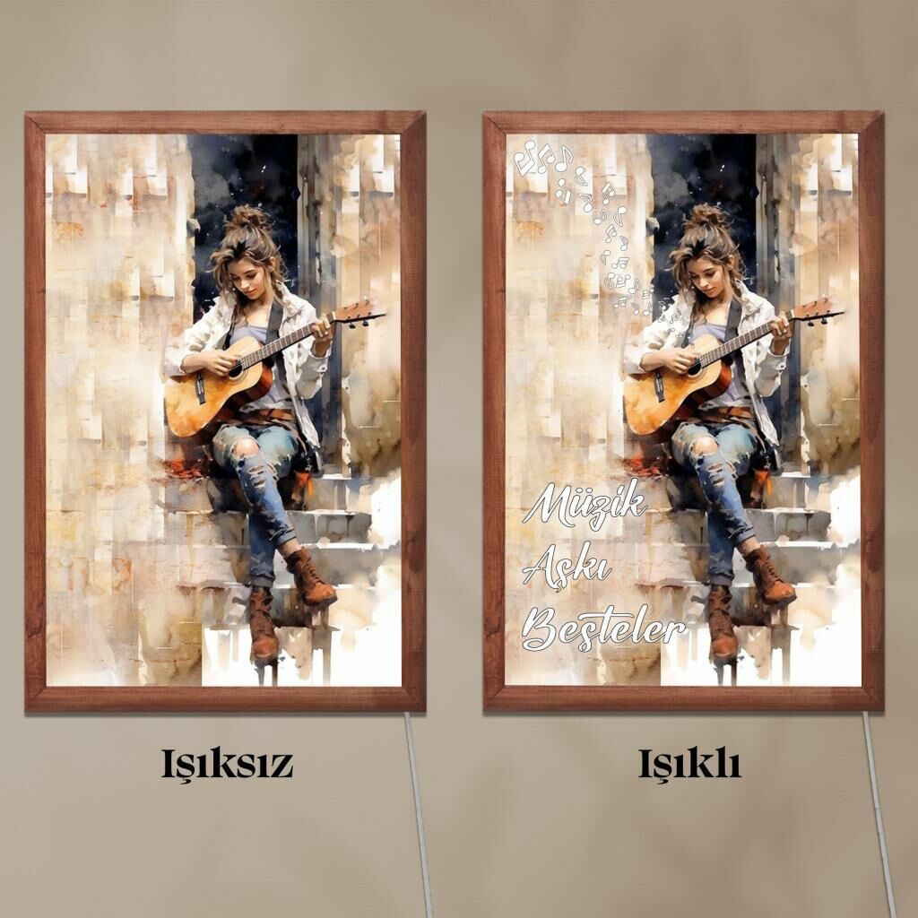 Veraart Işıklı Pleksi Müzik Temalı Sürpriz Tablo Gitar Çalan Kız Dekoratif Ayaklı Biblo