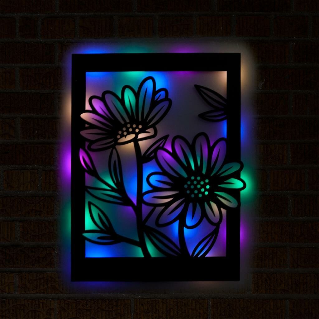 Veraart Işıklı Çerçeveli Çiçekler Dekoratif Tablo Balkon Duvar Dekorlu Gece Lambası