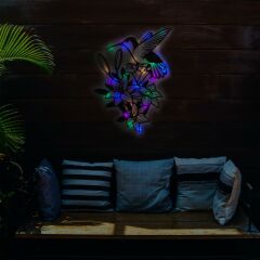 Veraart Işıklı Çiçekler ve Sinek Kuşu Dekoratif Tablo Balkon Duvar Dekorlu Gece Lambası