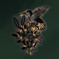 Veraart Işıklı Çiçekler ve Sinek Kuşu Dekoratif Tablo Balkon Duvar Dekorlu Gece Lambası