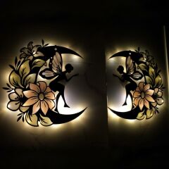 Veraart Epoksili Ahşap Çiçekli  Aydaki Peri Figürlü Duvar Dekorlu Gece Lambası  68 cm
