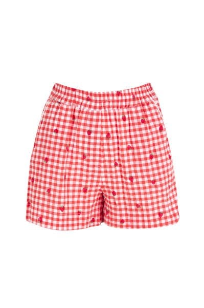 JUNE Gofre Gingham Kırmızı Crop Gömlek Şort Takım