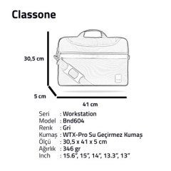 Classone BND604 WorkStation 15.6 inch Su geçirmez Kumaş, Notebook Laptop Çantası -Gri