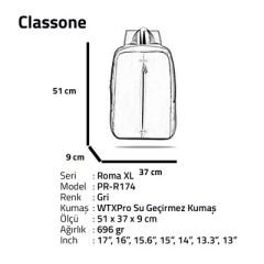Classone PR-R174 Roma XL Serisi WTXpro Su Geçirmez Kumaş Notebook 17 inch Sırt Çantası / Gri