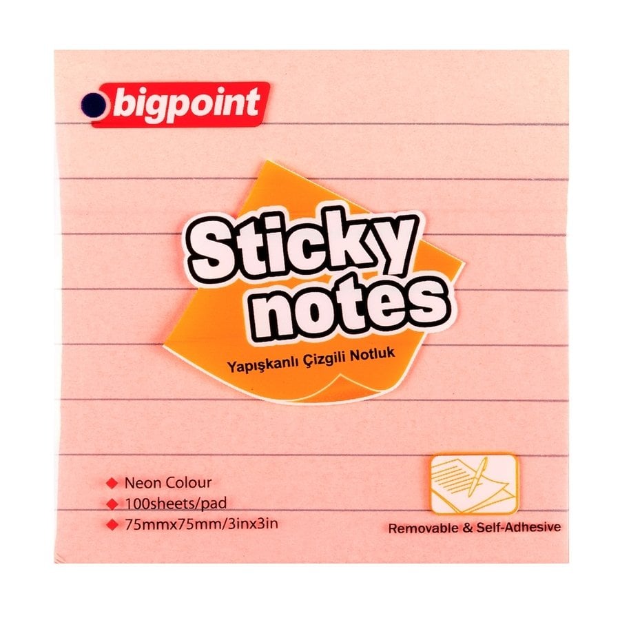 Bigpoint Yapışkanlı Not Kağıdı Çizgili 75x75mm Neon Pembe 12'li Paket