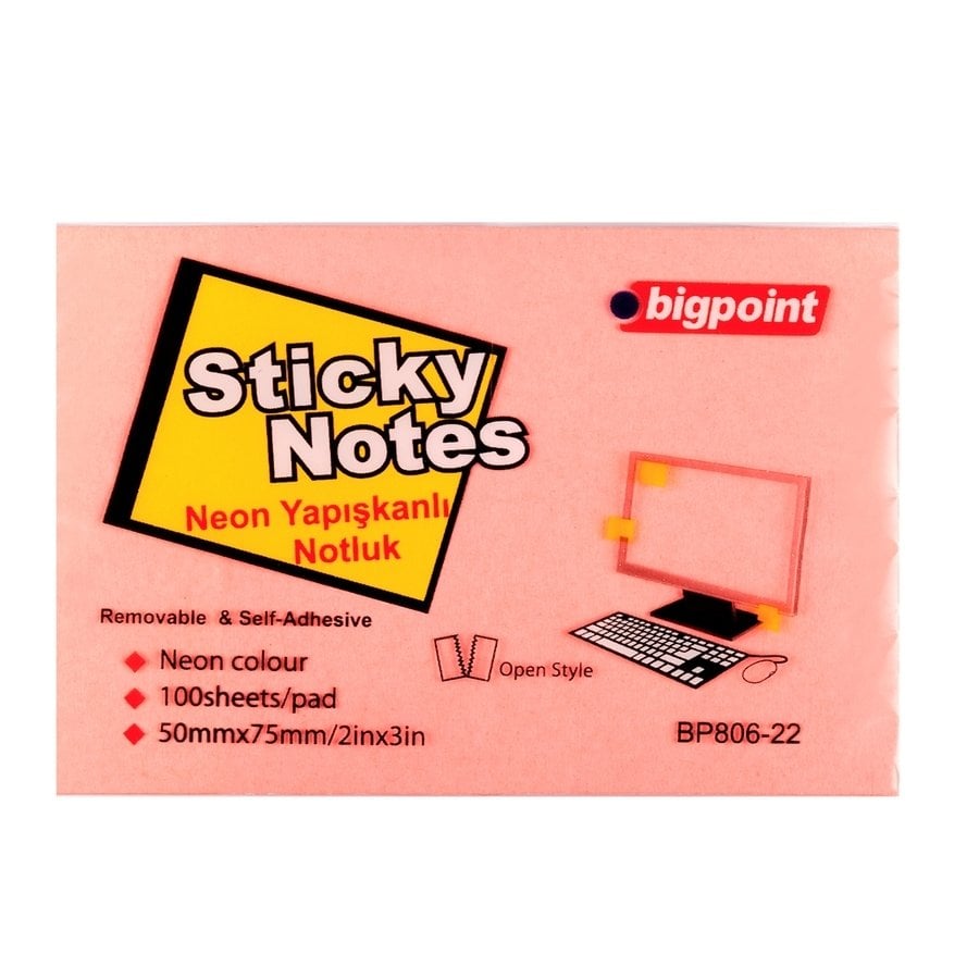 Bigpoint Yapışkanlı Not Kağıdı 75x50mm Neon Pembe 12'li Paket