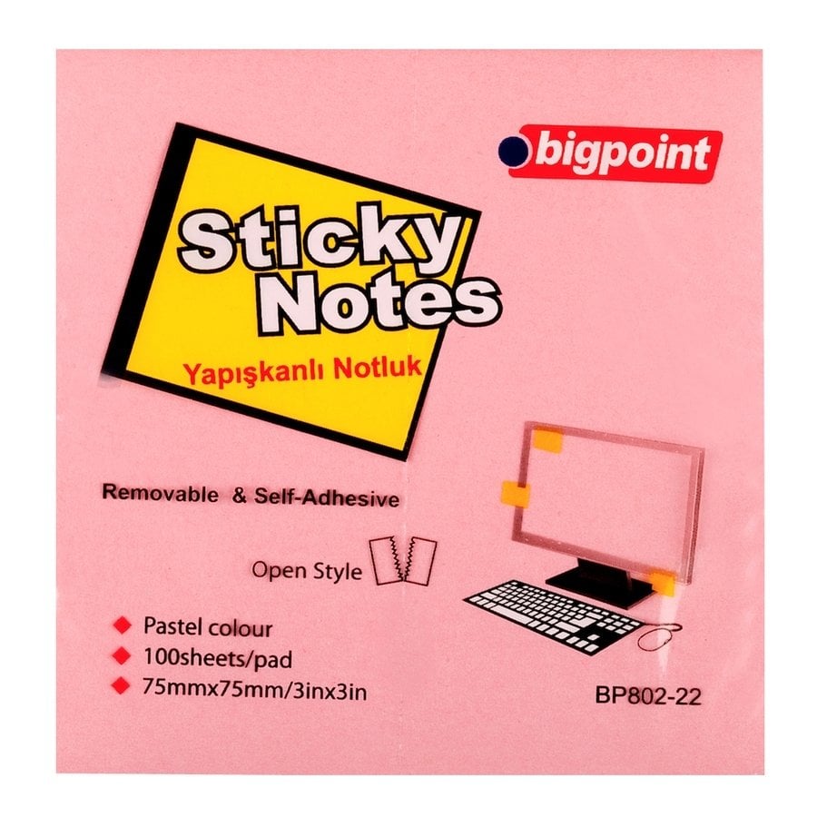 Bigpoint Yapışkanlı Not Kağıdı 75x75mm Pembe 12'li Paket