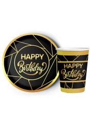 8'li Karton Tabak -  Bardak Yaldızlı Happy Birthday Siyah - Altın Yaldız