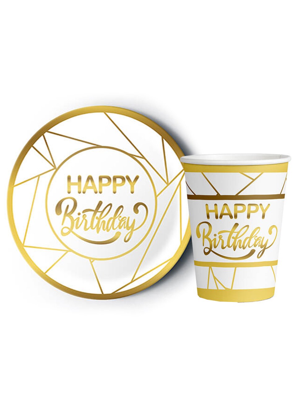 8'li Karton Tabak -  Bardak Yaldızlı Happy Birthday Beyaz - Altın Yaldız