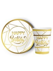 8'li Karton Tabak -  Bardak Yaldızlı Happy Birthday Beyaz - Altın Yaldız