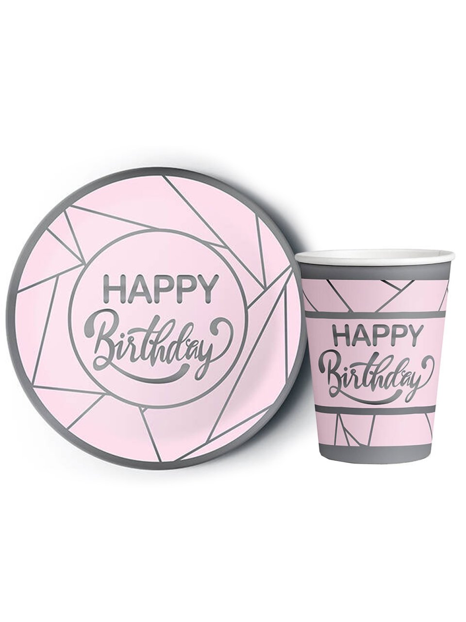 8'li Karton Tabak -  Bardak Yaldızlı Happy Birthday Pembe - Gümüş Yaldız