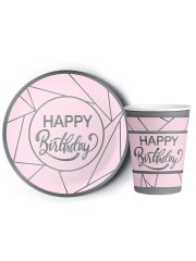 8'li Karton Tabak -  Bardak Yaldızlı Happy Birthday Pembe - Gümüş Yaldız