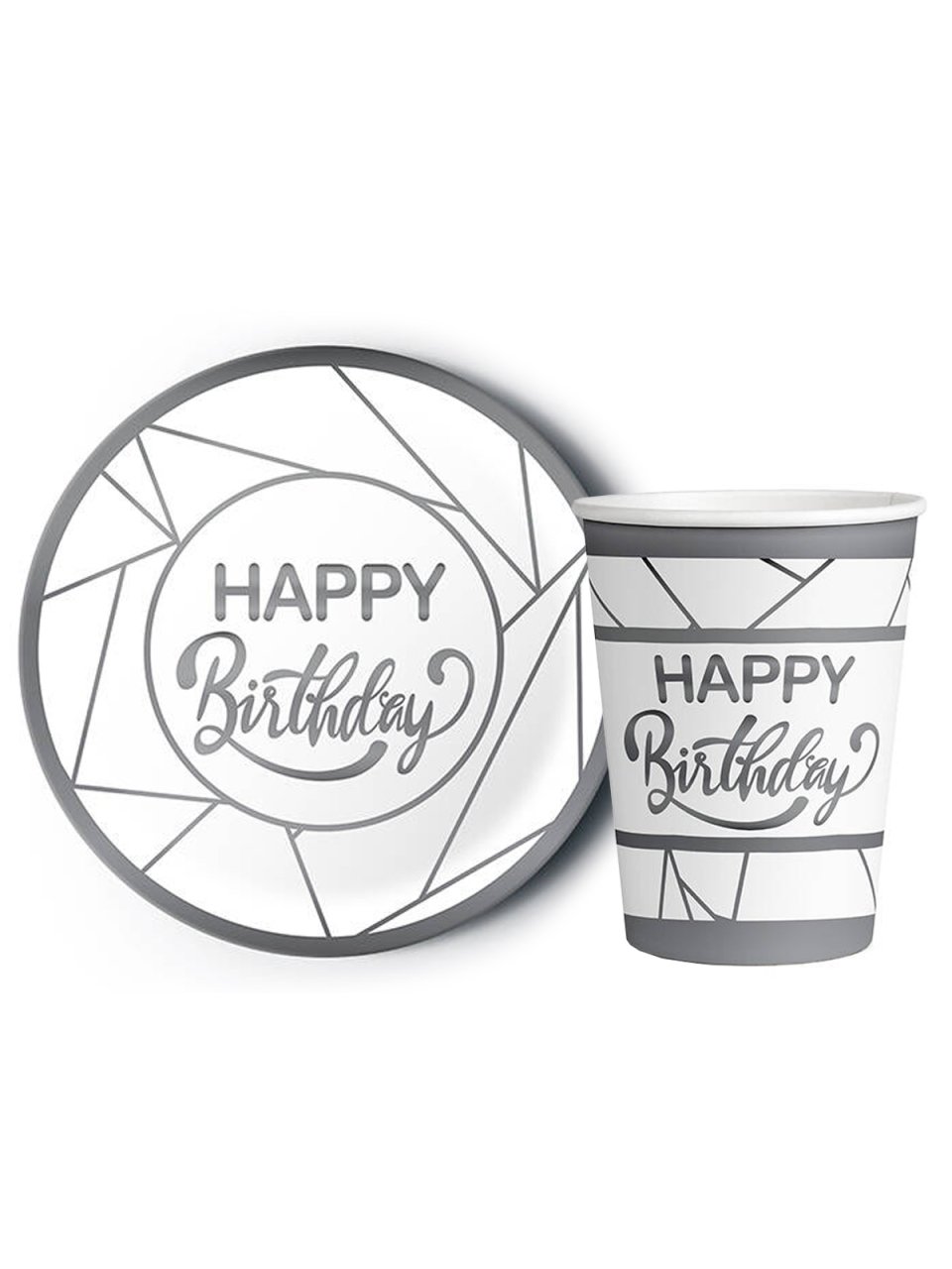 8'li Karton Tabak -  Bardak Yaldızlı Happy Birthday Beyaz - Gümüş Yaldız