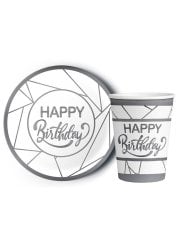 8'li Karton Tabak -  Bardak Yaldızlı Happy Birthday Beyaz - Gümüş Yaldız