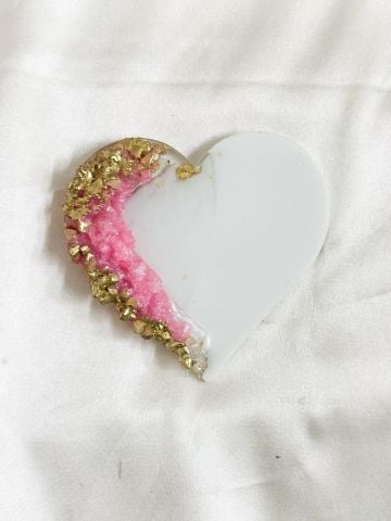 Kalp Taş Varaklı  Epoksi Magnet Pembe