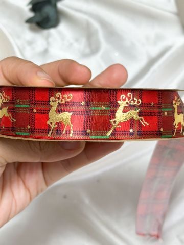 Gold Geyik Desenli Yılbaşı Ekose Kurdele 10 metre 2.5 cm Kırmızı