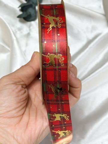 Gold Geyik Desenli Yılbaşı Ekose Kurdele 10 metre 2.5 cm Kırmızı