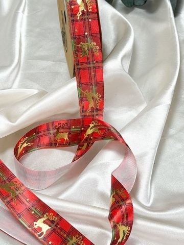 Gold Geyik Desenli Yılbaşı Ekose Kurdele 10 metre 2.5 cm Kırmızı