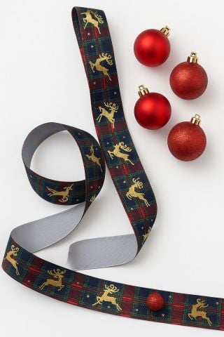 Gold Geyik Desenli Yılbaşı Ekose Kurdele 10 metre 2.5 cm Lacivert