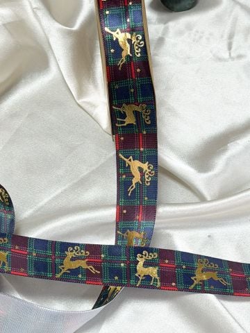 Gold Geyik Desenli Yılbaşı Ekose Kurdele 10 metre 2.5 cm Lacivert