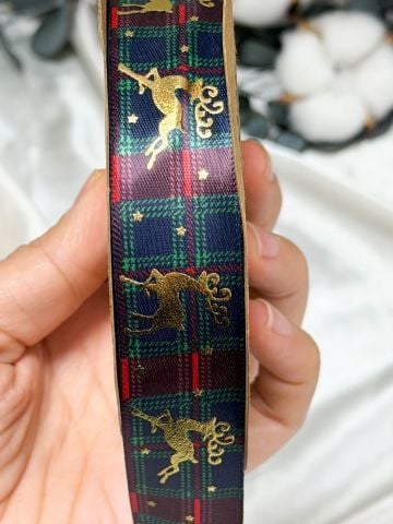 Gold Geyik Desenli Yılbaşı Ekose Kurdele 10 metre 2.5 cm Lacivert