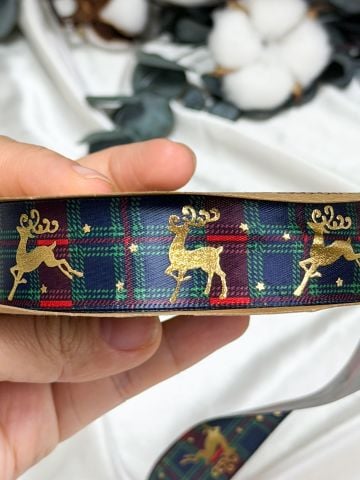 Gold Geyik Desenli Yılbaşı Ekose Kurdele 10 metre 2.5 cm Lacivert