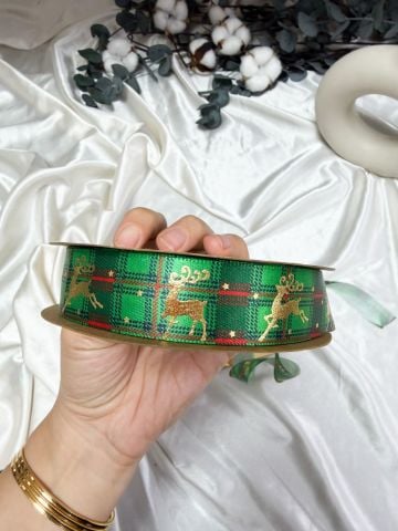 Gold Geyik Desenli Yılbaşı Ekose Kurdele 10 metre 2.5 cm Yeşil