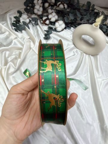 Gold Geyik Desenli Yılbaşı Ekose Kurdele 10 metre 2.5 cm Yeşil