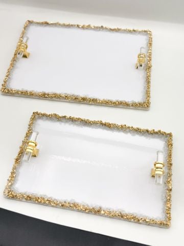  Dikdörtgen Kenarı Taşlı Varaklı  Epoksi Tepsi 2 li