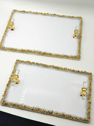 Dikdörtgen Kenarı Taşlı Varaklı Pleksi Tepsi 2 li