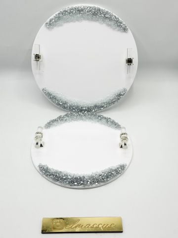 Yuvarlak Varaklı Taşlı Epoksi tepsi 2 li Gümüş