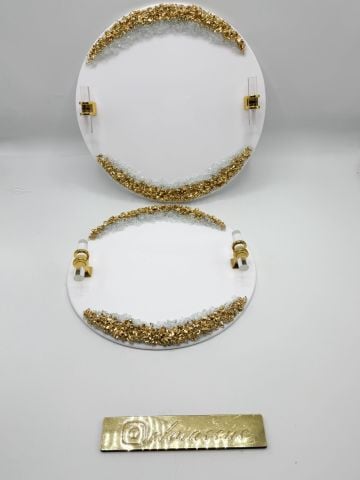 Yuvarlak Varaklı Taşlı Epoksi tepsi 2 li Gold