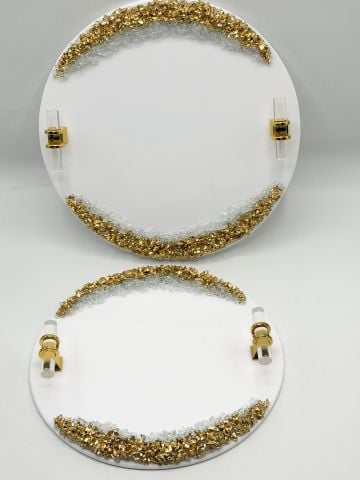 Yuvarlak Varaklı Taşlı Epoksi tepsi 2 li Gold