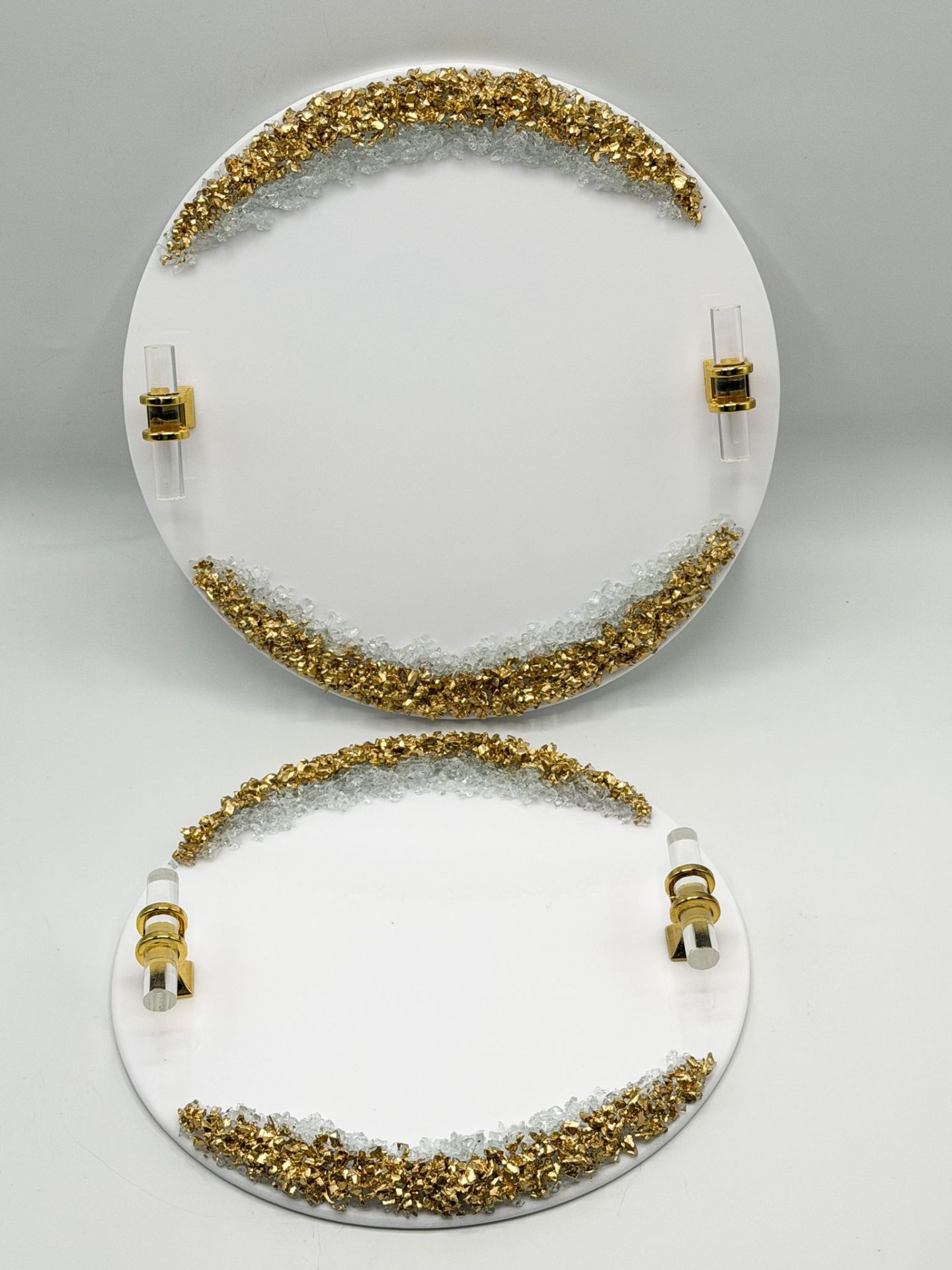 Yuvarlak Varaklı Taşlı Epoksi tepsi 2 li Gold